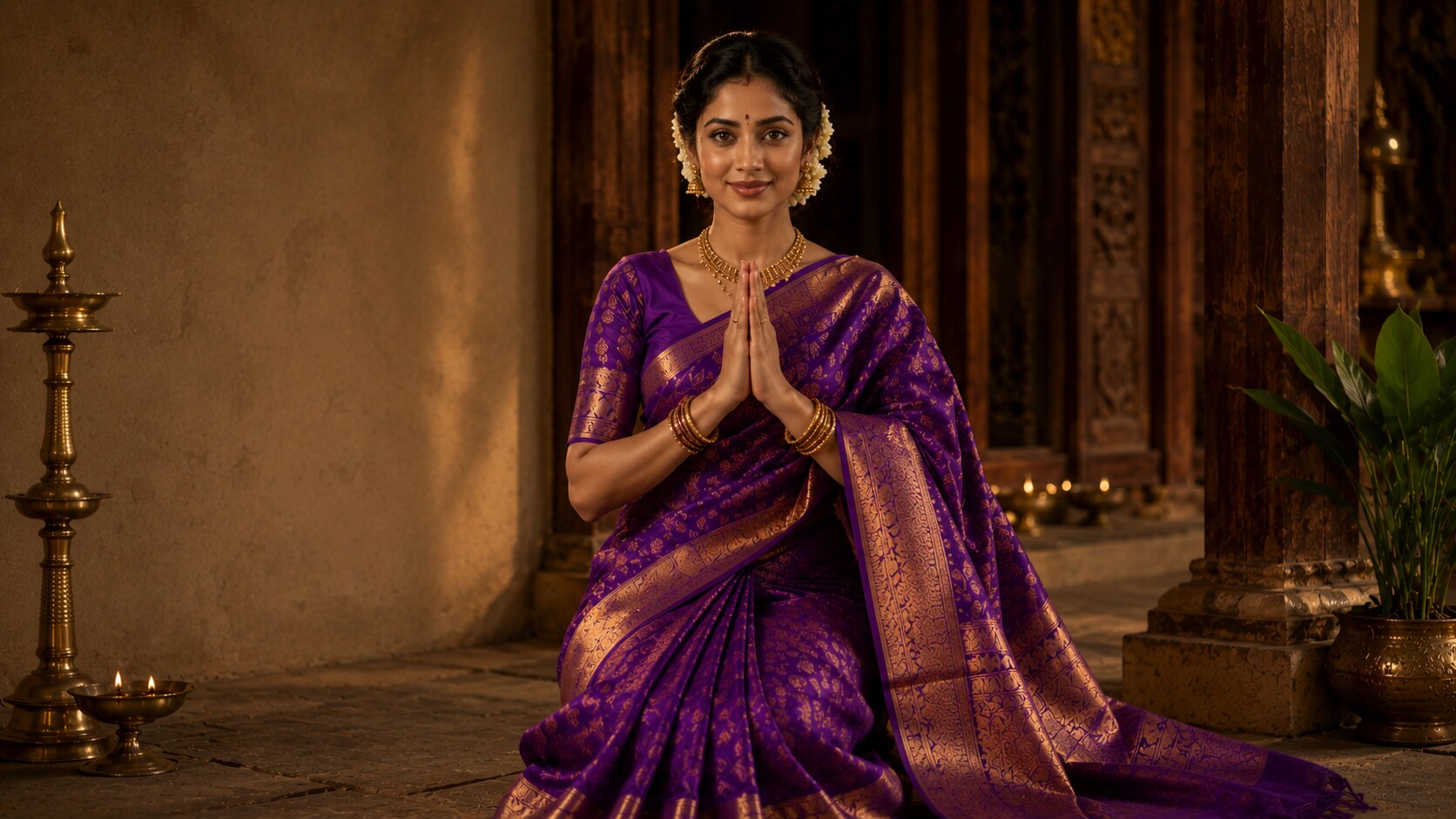 A woman in a royal-purple Kanchipuram silk saree welcoming visitors with folded hands in a warmly lit heritage interior