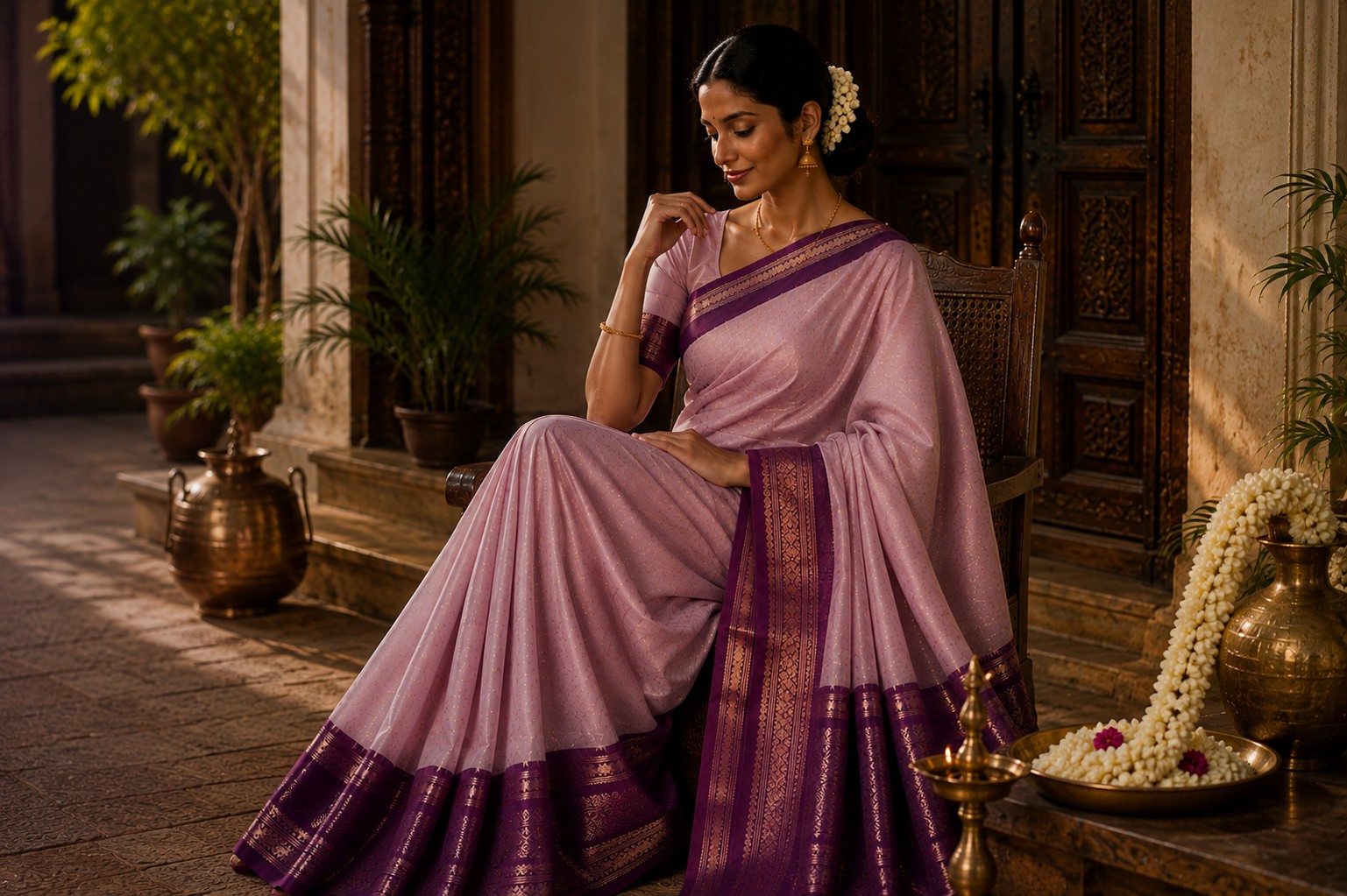 Women wearing graceful pastel and jewel-tone Kanchipuram silk sarees in a heritage courtyard