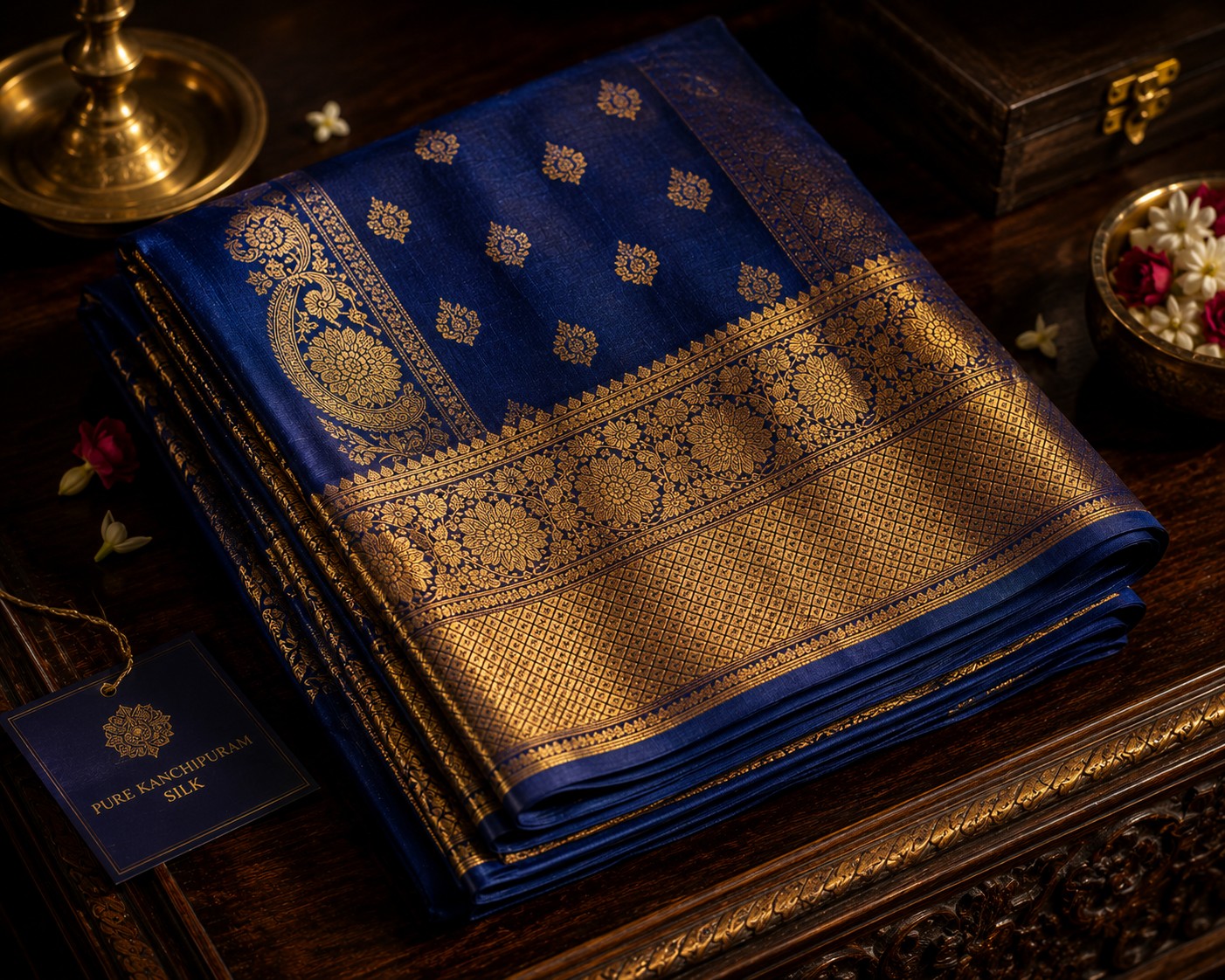 Royal blue pure silk saree folded to reveal its lustrous drape and gold border