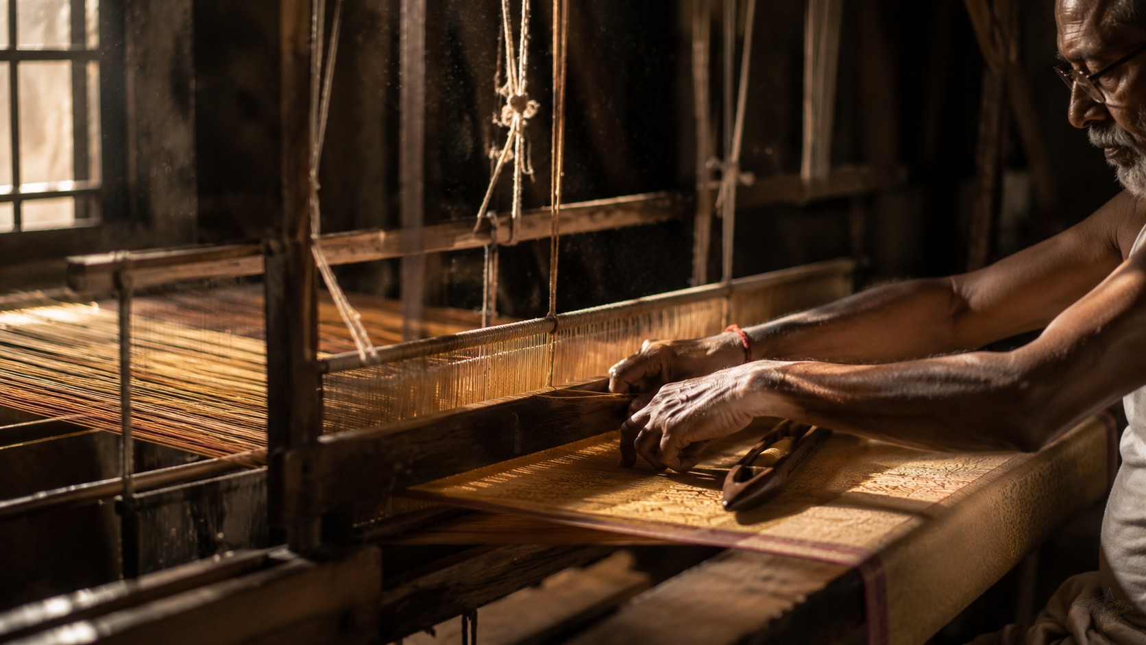 Master weaver guiding golden silk threads by hand across a traditional wooden loom