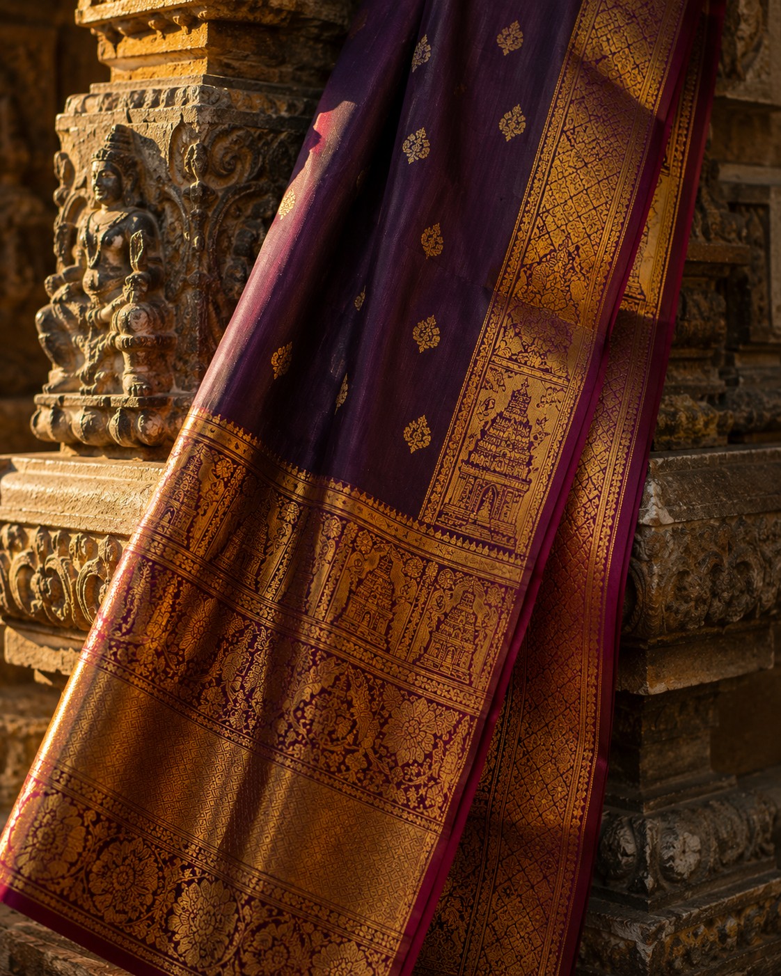 Purple and gold Kanchipuram silk arranged against carved heritage stone