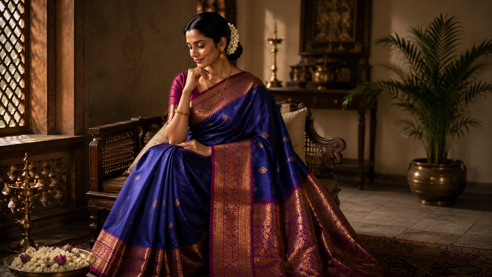 Temple-inspired Kanchipuram silk saree in a South Indian heritage setting