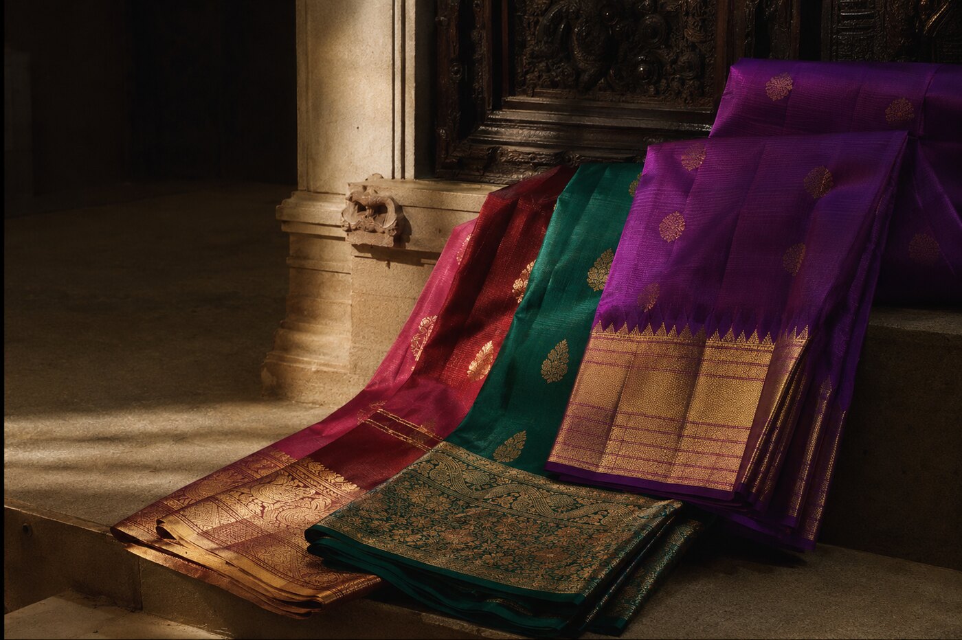 A personally curated selection of purple, emerald, and crimson Kanchipuram silk sarees arranged in a heritage interior