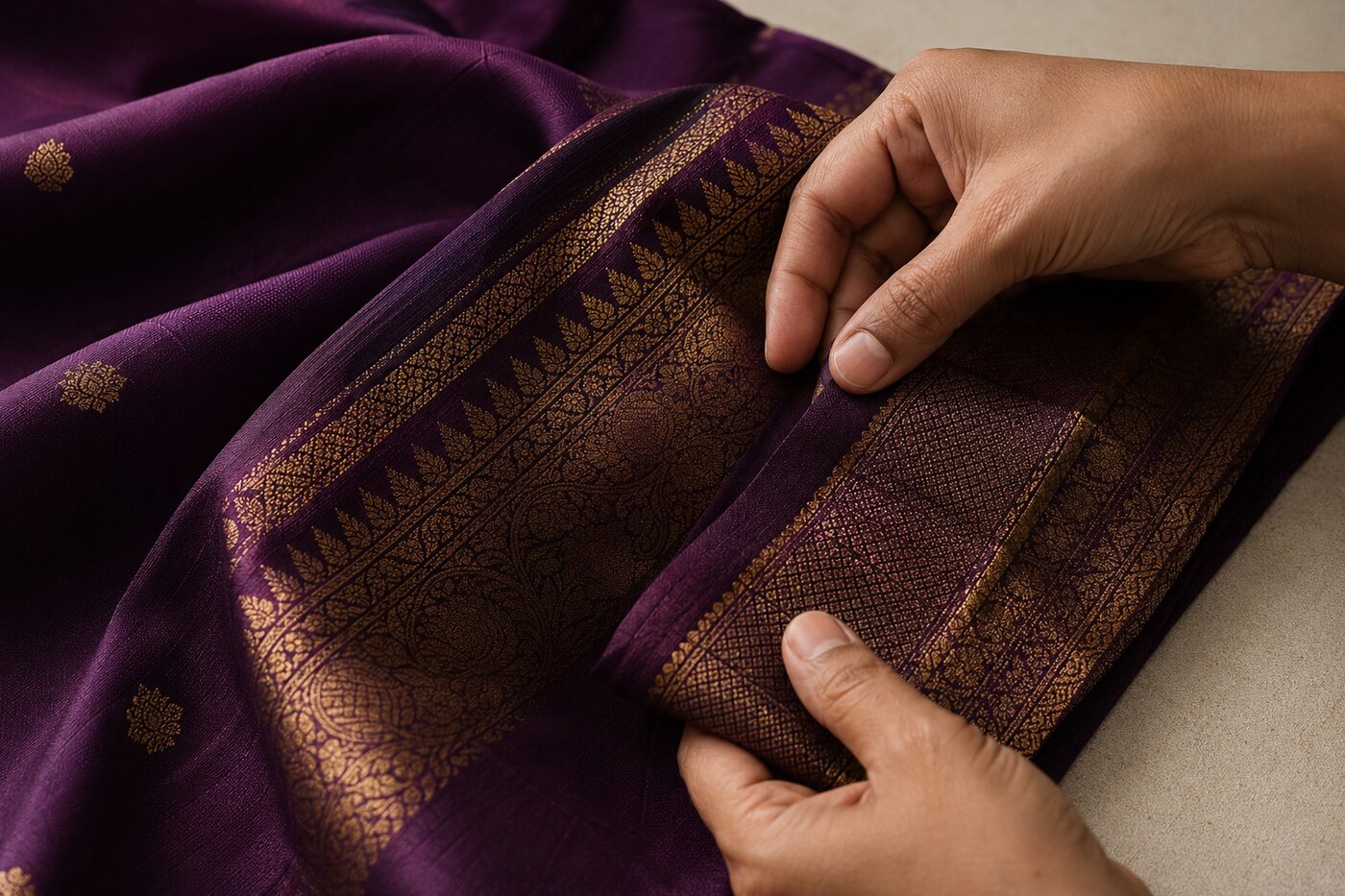 Hands carefully inspecting the silk weave and antique-gold zari of an aubergine Kanchipuram saree