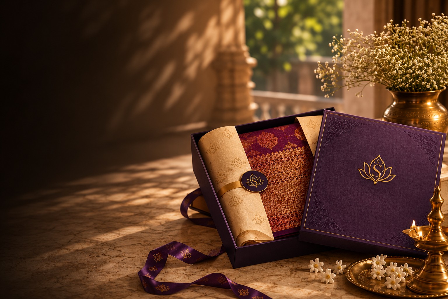 An open Shanmaya presentation box displaying a carefully wrapped Kanchipuram silk saree