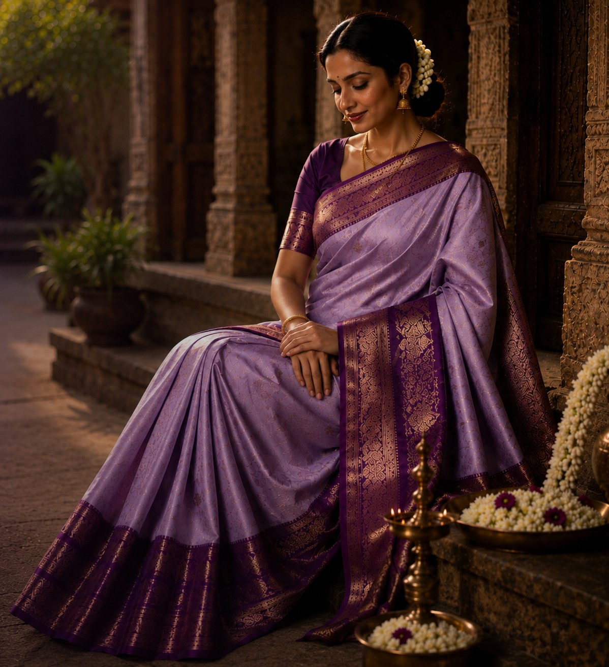 Woman wearing a rich maroon and antique-gold Kanchipuram silk saree in a heritage setting