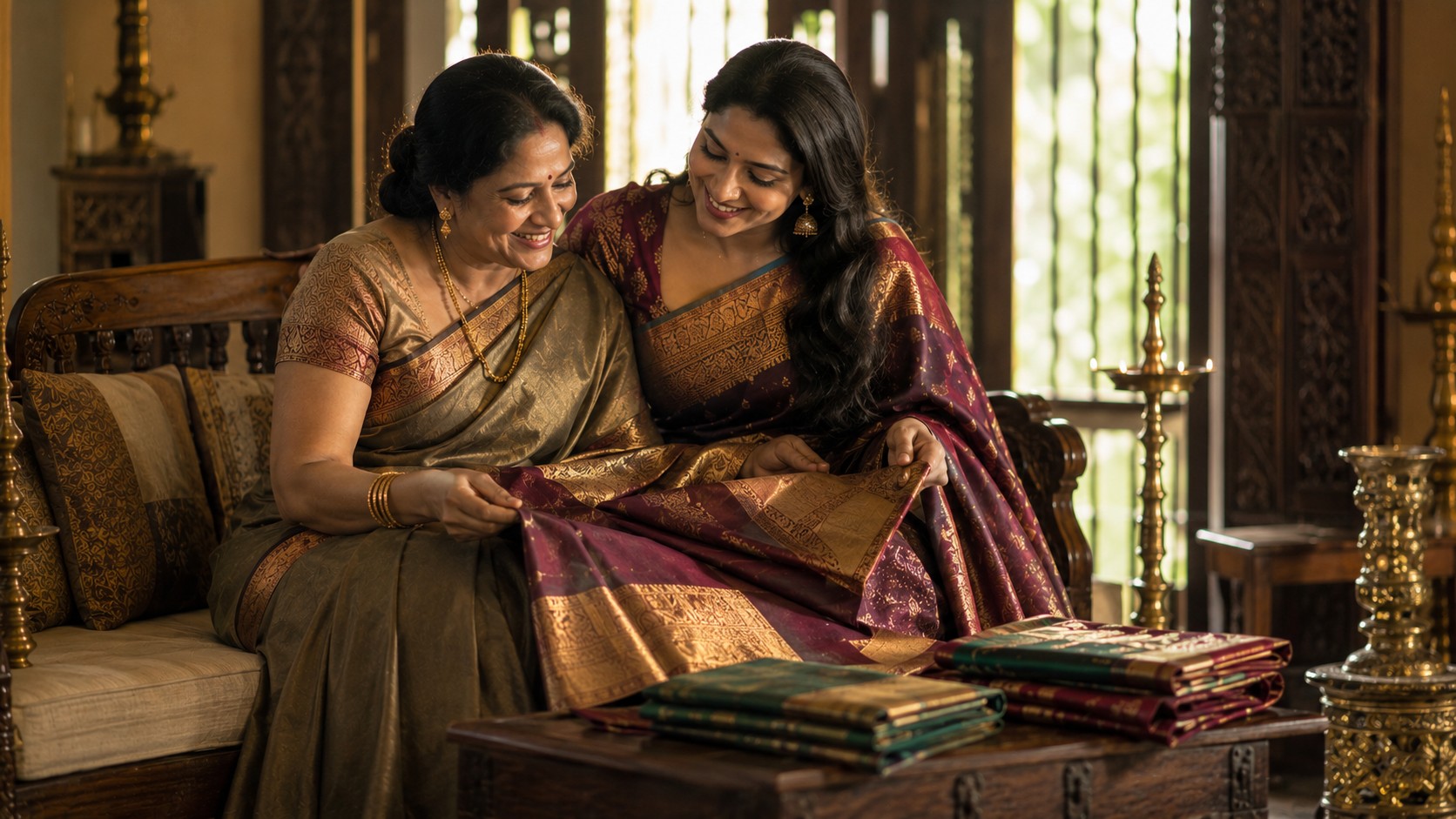 A mother and daughter sharing a joyful moment while admiring a Kanchipuram silk saree