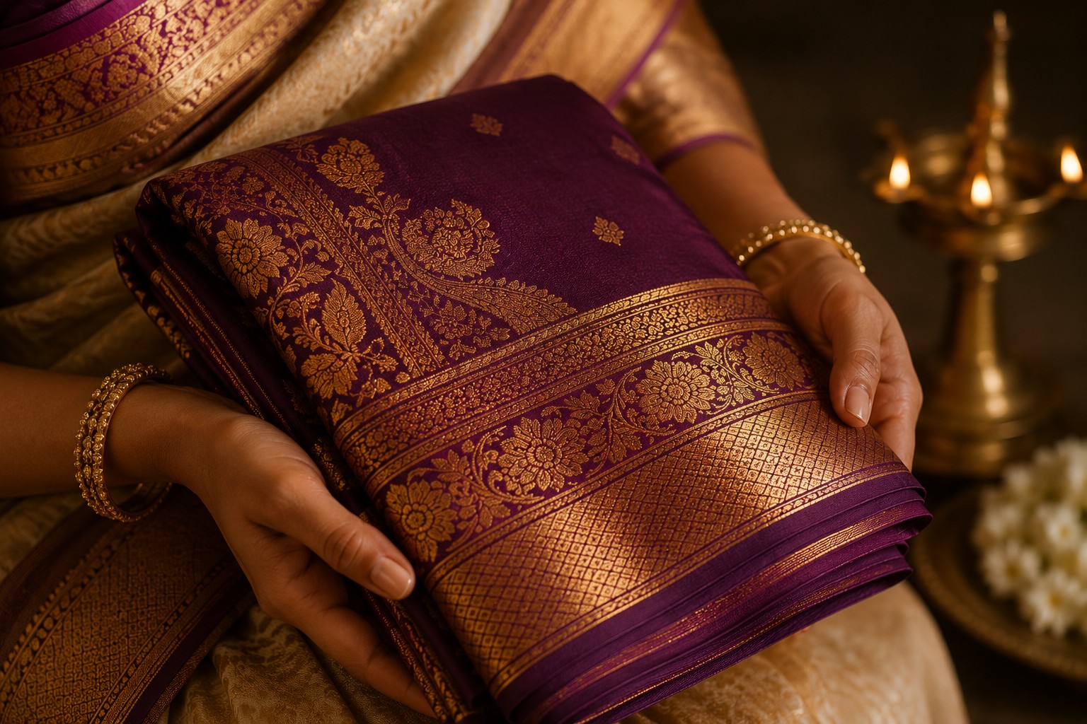 Woman holding a folded purple Kanchipuram silk saree with an ornate gold zari border