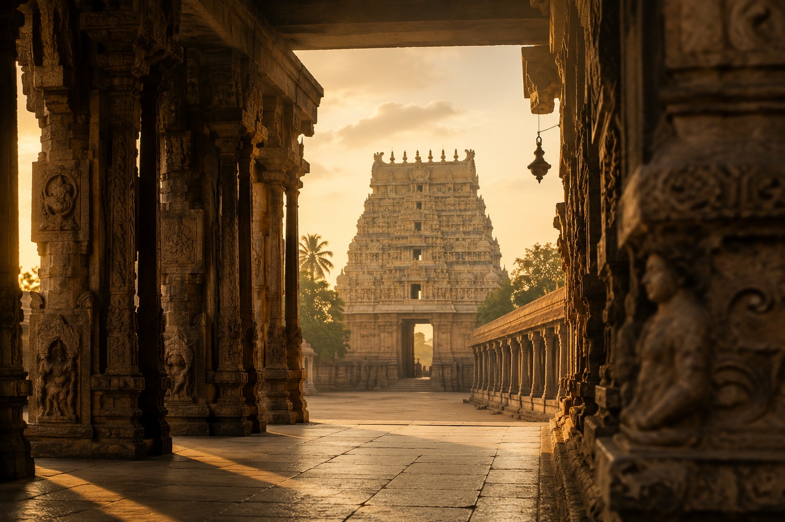 Sunlit South Indian temple corridor framing an ornate gopuram